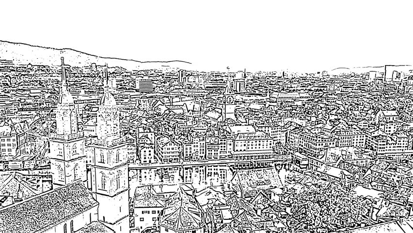 Zurich, Switzerland. St. Peter Church dominates the aerial panorama with its tall clock tower and Europe