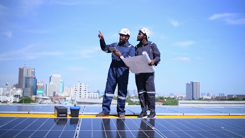 Engineers walking on roof inspect check and Maintenace solar cell panel by hold blue print ,solar cell is smart grid ecology energy sunlight alternative power factory concept. Royalty-Free Stock Footage #1104221647