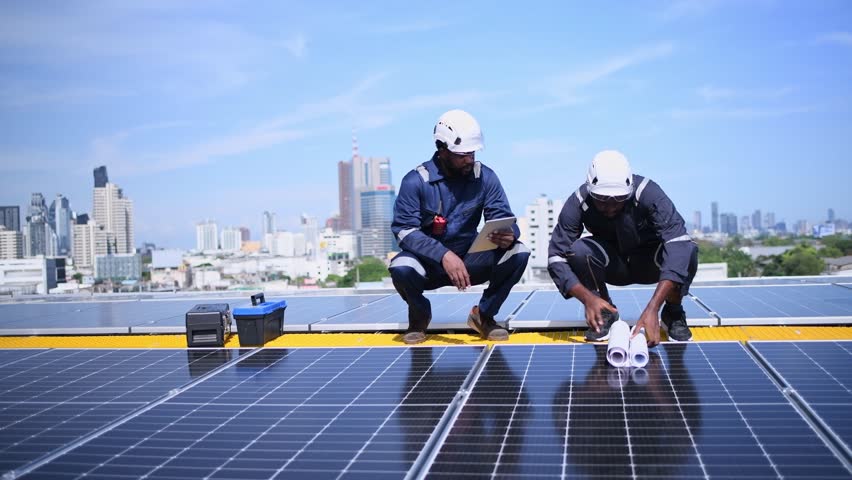 Engineers walking on roof inspect check and Maintenace solar cell panel by hold blue print ,solar cell is smart grid ecology energy sunlight alternative power factory concept. Royalty-Free Stock Footage #1104221649