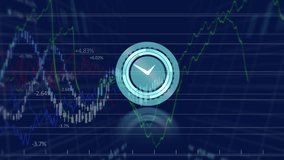 Animation of neon ticking clock over financial and stock market data processing on blue background. Global finance and business technology concept - Powered by Shutterstock - Get 15% off with code: PIKWIZARD15