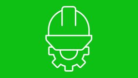 Repair service white icon animation. Animated line spinning gear and helmet. Job safety. Hardhat. Loop HD video with chroma key, alpha channel, transparent background. Outline motion graphic animation