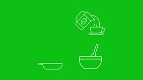 Breakfast white icons animation. Animated line morning food. Drinking coffee. Meal preparing. Loop HD video with chroma key, alpha channel, transparent background. Outline motion graphic animation