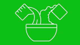 Mixing white icon animation. Animated line measuring cups pouring ingredients into mixing bowl. Loop HD video with chroma key, alpha channel, transparent background. Outline motion graphic animation