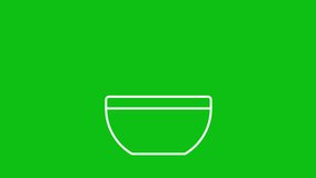 Scramble white icon animation. Animated line cracking egg into mixing bowl. Hand blender. Loop HD video with chroma key, alpha channel, transparent background. Outline motion graphic animation