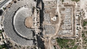 Apollon Temple and Side Amphitheater in the Side Beach Drone Video, Side Antalya, Turkey (Turkiye)