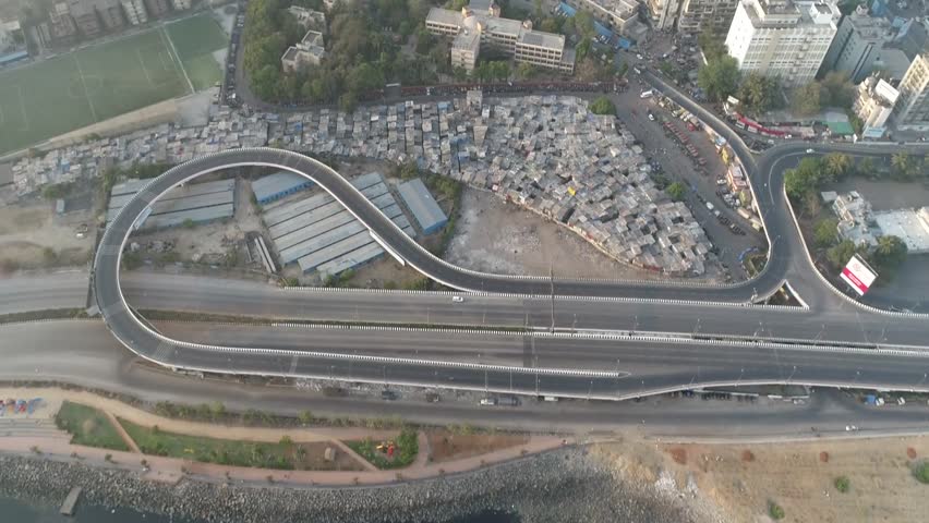 Navi Mumbai, Mumbai, India- 1st April 2020: An aerial shot of a bridge at Navi Mumbai during the COVID-19 pandemic in Mumbai, India
