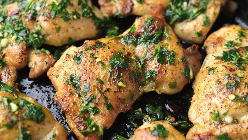 Homemade Chimichurri Chicken thighs ready to eat. Rotating video