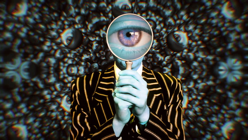 Humanoid Being Eye Magnifying Glass Weird Psychedelic Background. Blue humanoid being holding a magnifying glass in front of the eye with a weird psychedelic background | Shutterstock HD Video #1104234227