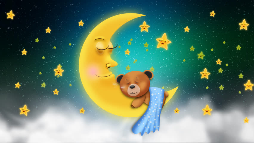 Cute little bear sleeping on the moon, beautiful night sky, animation for a lullaby. Royalty-Free Stock Footage #1104235277