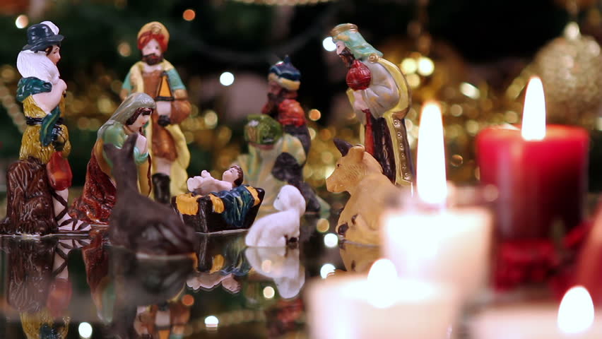 christmas nativity scene candles front tree Stock Footage Video (100% ...
