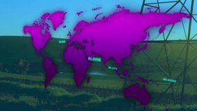 Animation of numbers floating over map against transmission tower on green field. Digital composite, multiple exposure, global, digit, electricity, abstract and technology concept. - Powered by Shutterstock - Get 15% off with code: PIKWIZARD15