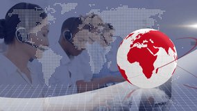 Animation of data processing and globe over diverse businesspeople using phone headsets. Global business, computing, digital interface and data processing concept digitally generated video. - Powered by Shutterstock - Get 15% off with code: PIKWIZARD15