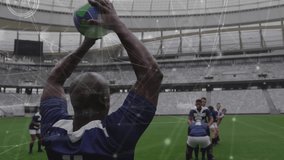 Animation of data processing over network of connections over rugby match in sports stadium. Global sports, computing, digital interface and data processing concept digitally generated video. - Powered by Shutterstock - Get 15% off with code: PIKWIZARD15