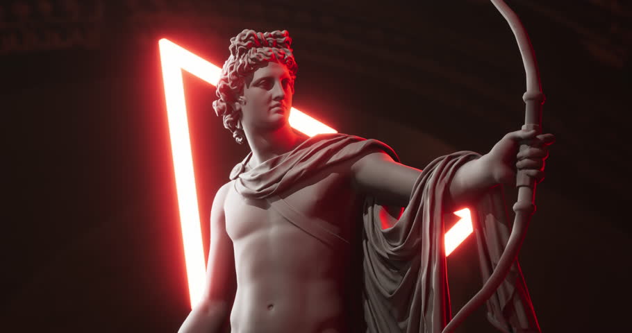 Famous stone statue brought to life in neon, emitting a vibrant and captivating glow. As the radiant colors highlight the intricate details of the sculpture, creating a visually. 3D Illustration Royalty-Free Stock Footage #1104243173