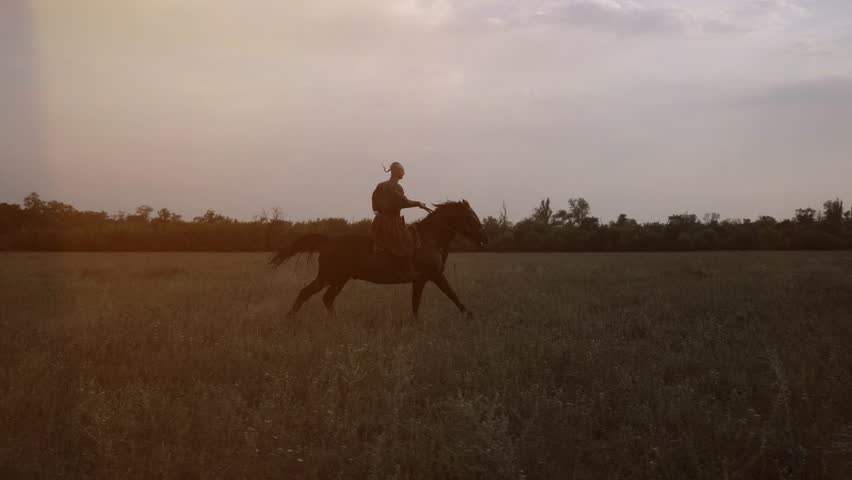 Zaporizhian Cossack with on horseback. Ukrainian ancient warrior. Soldier. Infantryman. Cossack Rider on a horse. Strong people. Royalty-Free Stock Footage #1104243301