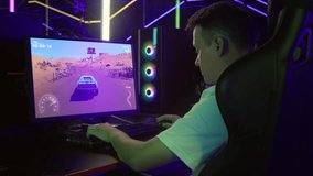 Gamer using a speedy supercar to complete the drifting mission in a racing game. Gamer reaches high speed during a race in the desert. Gamer achieves the victory in a speed race challenge.
