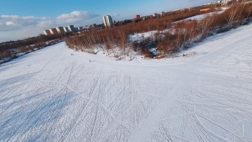 Nizhny Novgorod, Russia, January 31, 2023. FPV shooting of skiers, aerial shooting of skiers, cross-country skiing