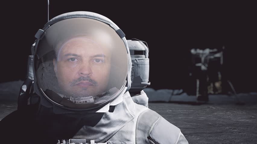 Portrait of man astronaut on Moon wearing helmet looking at earth globe and galaxy stars in outer space closeup. Sci-fi expedition, planet discovery mission and exploration by brave human, spacewalk.
