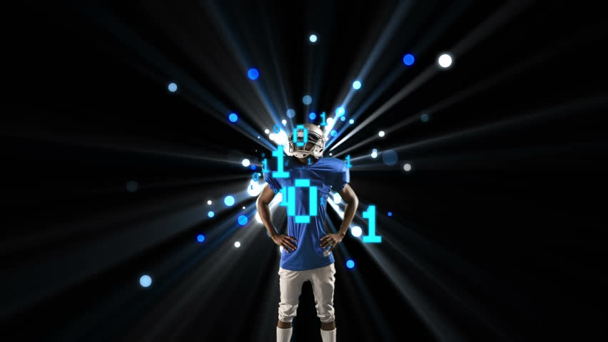 Animation of binary coding data processing over african american american footballer. Global sports, connections, data processing, digital interface and computing concept digitally generated video. - Powered by Shutterstock - Get 15% off with code: PIKWIZARD15