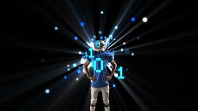 Animation of binary coding data processing over african american american footballer. Global sports, connections, data processing, digital interface and computing concept digitally generated video. - Powered by Shutterstock - Get 15% off with code: PIKWIZARD15