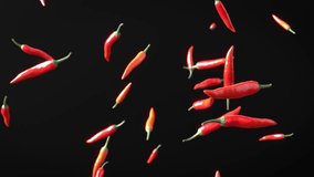 Falling red chili peppers on the dark black background. 4K UHD 3840x2160 3D professional render high quality. - Powered by Shutterstock - Get 15% off with code: PIKWIZARD15