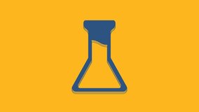 Blue Test tube and flask icon isolated on orange background. Chemical laboratory test. Laboratory glassware. 4K Video motion graphic animation.