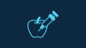 Blue Genetically modified apple icon isolated on blue background. GMO fruit. Syringe being injected to apple. 4K Video motion graphic animation.