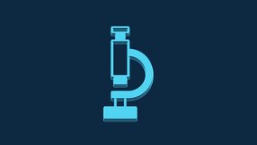 Blue Microscope icon isolated on blue background. Chemistry, pharmaceutical instrument, microbiology magnifying tool. 4K Video motion graphic animation.