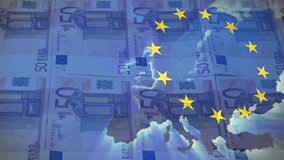 Animation of waving eu flag and map against close up of euro bills in seamless pattern. Global economy and business technology concept - Powered by Shutterstock - Get 15% off with code: PIKWIZARD15