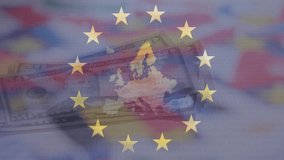 Animation of eu flag and map over european countries flag miniatures against euro bills. Global economy and business technology concept - Powered by Shutterstock - Get 15% off with code: PIKWIZARD15