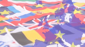 Animation of eu flag and map over european countries flag miniatures against euro bills. Global economy and business technology concept - Powered by Shutterstock - Get 15% off with code: PIKWIZARD15