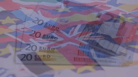 Animation of eu flag and map over european countries flag miniatures against euro bills. Global economy and business technology concept - Powered by Shutterstock - Get 15% off with code: PIKWIZARD15