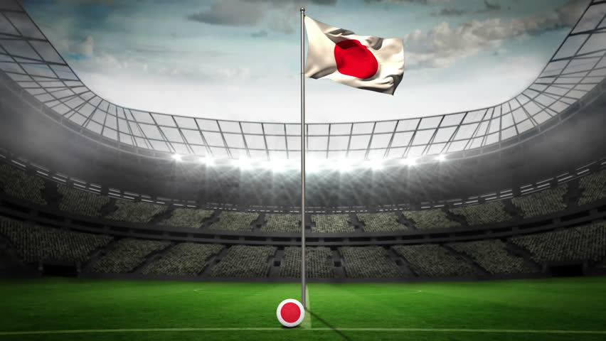 Animation of confettig falling over flag of japan and sports stadium. Global sport, celebration and patriotism concept, digitally generated video.