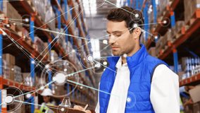 Animation of network of connections with icons over caucasian male worker in warehouse. Global business and digital interface concept, digitally generated video. - Powered by Shutterstock - Get 15% off with code: PIKWIZARD15