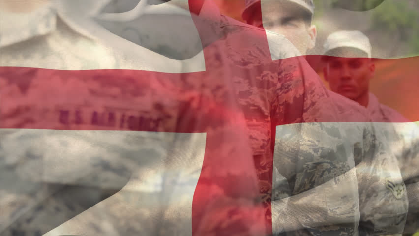 Animation of flag of england over diverse male soldiers standing at attention with weapon. Global patriotism and military concept, digitally generated video.
