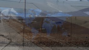 Animation of world map and data processing over wind turbines and plane. Global business, transport and digital interface concept, digitally generated video. - Powered by Shutterstock - Get 15% off with code: PIKWIZARD15