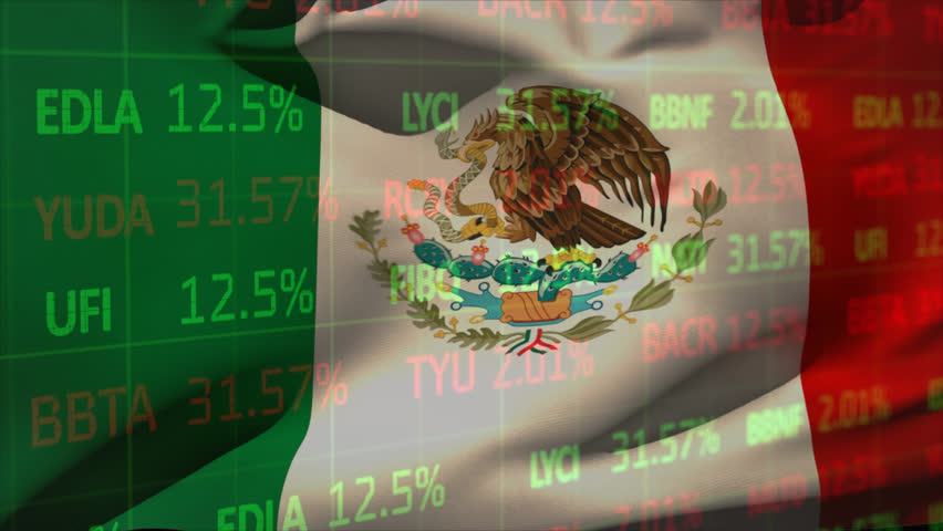 Animation of stock market data processing over waving mexico flag against black background. National economy and business technology concept