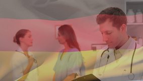 Animation of graphs and trading boards, flag of germany, caucasian doctor writing in notepad. Digital composite, multiple exposure, stock market, report, business, medical and patriotism concept. - Powered by Shutterstock - Get 15% off with code: PIKWIZARD15