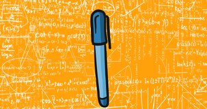 Animation of pen over mathematical equations on orange background. Education, learning and school concept digitally generated video.
