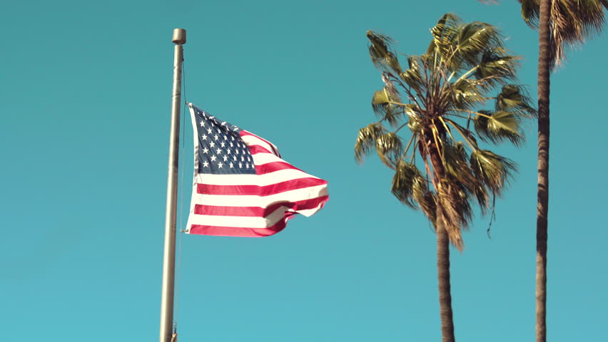Palms and American flag, Los Angeles, California USA. American Flag Waving. 