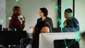 Animation of connected icons forming globes over diverse coworkers discussing reports on desktop. Digital composite, multiple exposure, business, globalization, teamwork and technology concept. - Powered by Shutterstock - Get 15% off with code: PIKWIZARD15