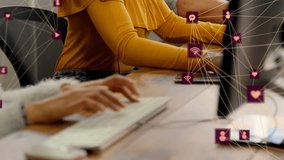 Animation of connected icons forming globes diverse customer agents working on computer at office. Digital composite, multiple exposure, communication, call center, globalization and technology. - Powered by Shutterstock - Get 15% off with code: PIKWIZARD15