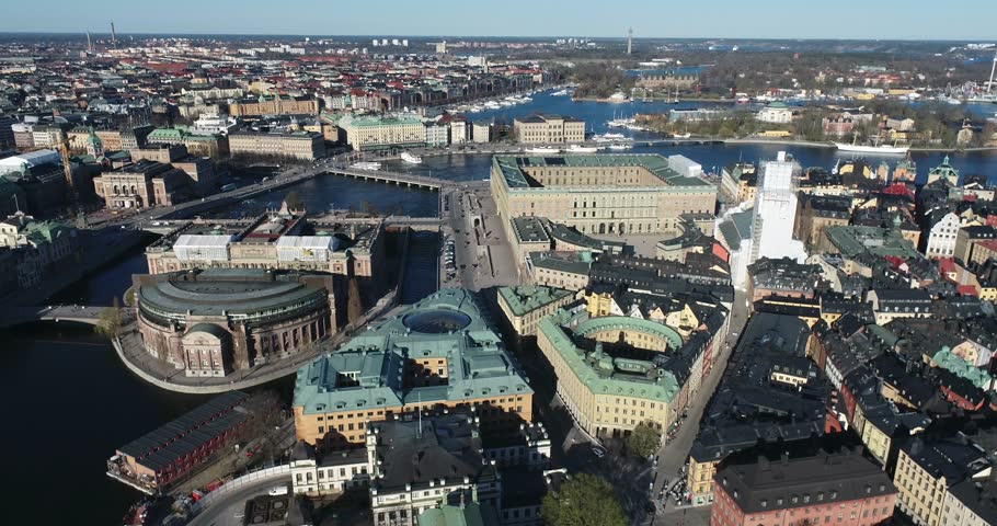 Stockholm Old Town and Royal Palace in Background. It is located in Gamla Stan Island in Stockholm, Sweden. Drone Point of View
