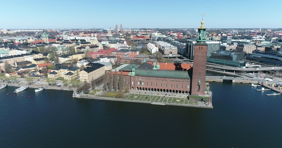 Stockholm City Hall, Town Hall in Sweden. Drone, 4k