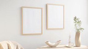 Two wooden photo frames 3x4 video mockup on the wall