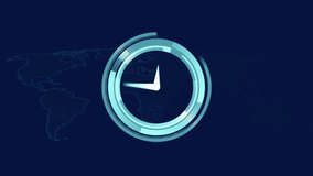 Animation of neon ticking clock over world map and data processing against blue background. Computer interface and business technology concept - Powered by Shutterstock - Get 15% off with code: PIKWIZARD15