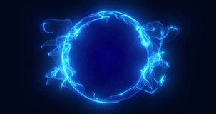 Blue sphere made of particles and waves emits energy, spherical ball or magic circle made of glowing dots, plasma explosion, science fiction. 3D rendering. Seamless loop 4k video. Video animation Scre