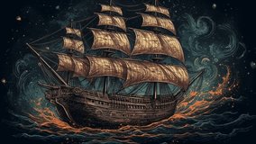 Old World Meets Cosmos: Detailed 2D Sketch of Cosmic Sailing Ship, Looping Clip