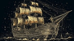An illustration of an old fashioned sailing ship in a cosmic style. Detailed, 2d, sketch, illustration. looping clip