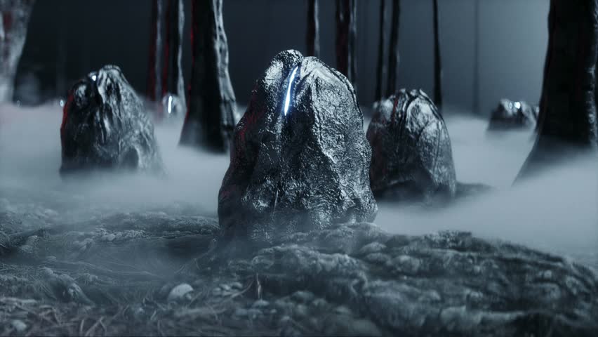 Cocoons of alien monsters in the misty forest | Shutterstock HD Video #1104275203